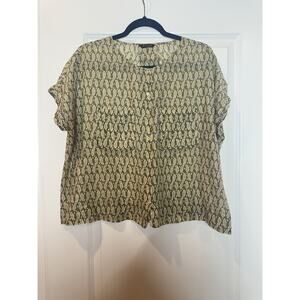 Massimo Dutti Green And Yellow Cotton Geometric Blouse Size M Short Sleeve
